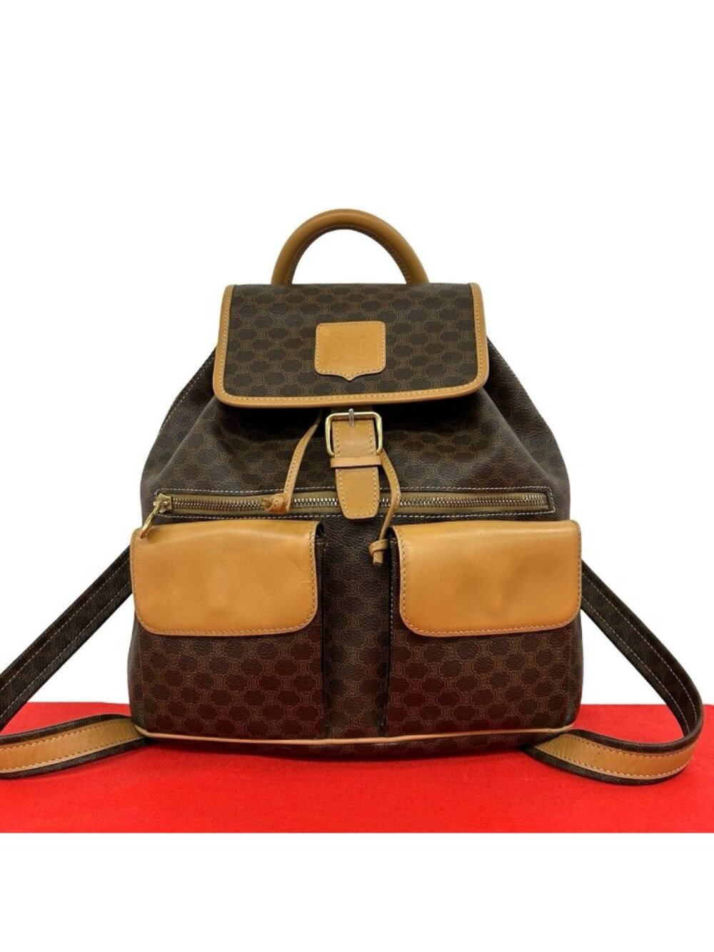 Celine Vintage Macadam Blason Triomphe Pattern Leather Backpack Brown